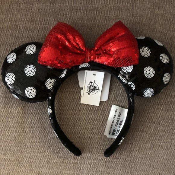 NWT Disneyland Minnie Mouse Classic Polka Dots Red Bow Ears Headband Black White - Picture 1 of 3